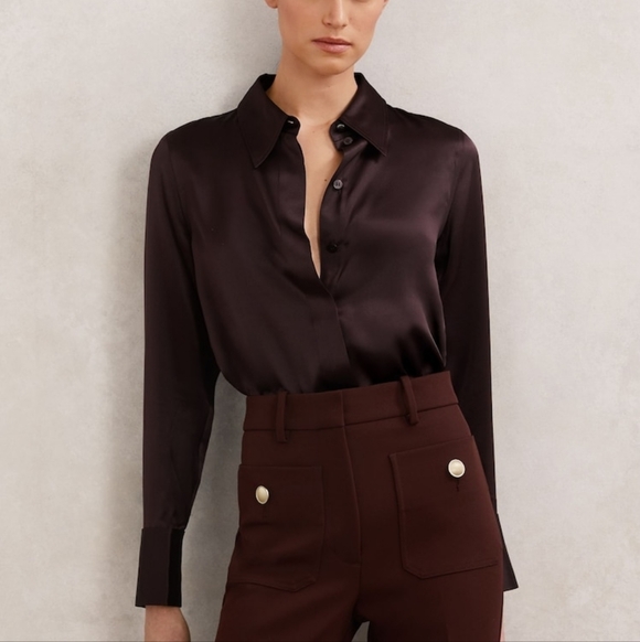 Reiss Tops - Big Sale! Reiss Silk Satin Concealed-Placket Shirt in Burgundy